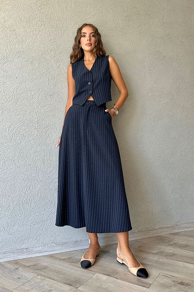 Seda Yalçın Atelier Navy Blue Striped Bell Skirt and Vest Set