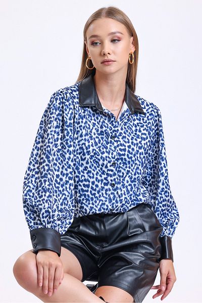 MD trend Női sötétkék bőr részletes léggömb ujjú váll húzózsinór mintás oversize szatén ing