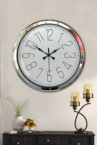 Platin Saat 52 Cm Krom Metal Duvar Saati