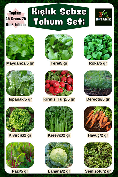 3A BOTANİK Kışlık Yeşillik Tohum Seti, 12 Çeşit Tohum, Toplam 45 Gram Takribi 25.000 Adet Yeşillik Sebze Tohumu