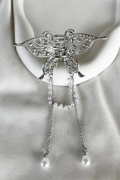 Genel Markalar Gümüş Renk Kelebek Figürlü Taş Ve İnci Detaylı Sallantılı Mand...