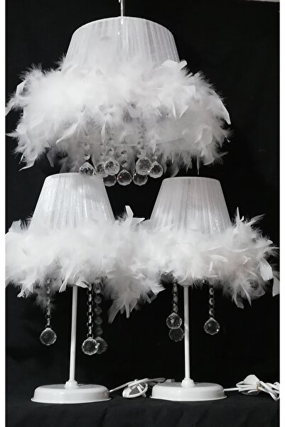 TEKAY AYDINLATMA Beyaz Tüylü Taşlı Avize Abajur Yatak Odası Avize Abajur Seti 2 Abajur 1 Avize