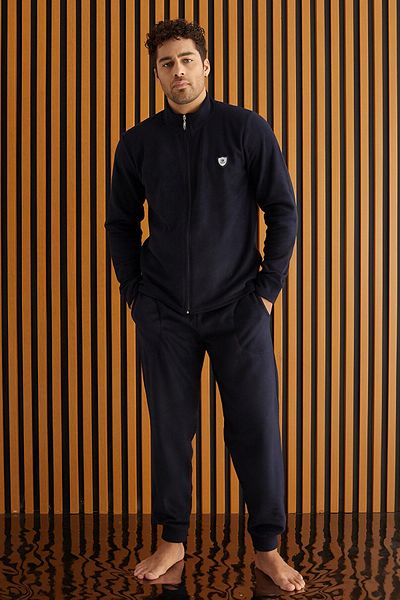 Pijamaevi Marineblaues, langärmliges Fleece-Herren-Pyjama-Set mit Reißverschluss vorne