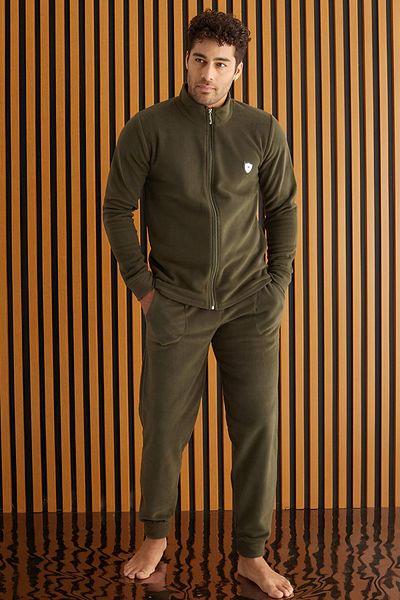 Pijamaevi Khaki Front Zippered Long Sleeve Fleece Men's Pajama Set