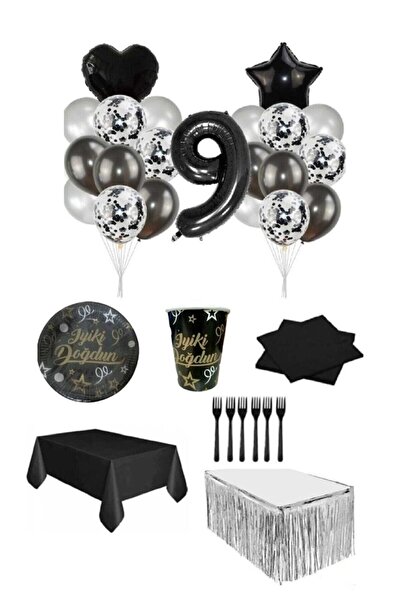 Dipak Siyah/gümüş Renk 9 Yaş Doğum Günü Seti 16 Kişilik