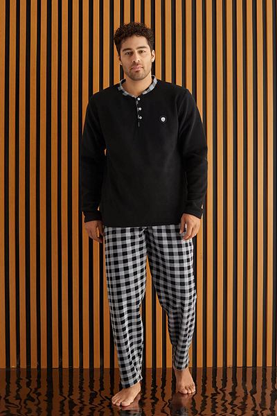 Pijamaevi Black Gray Plaid Patterned Fleece Men's Pajama Set