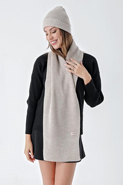 CHUBA Women's Soft Buttoned Knitted Detailed Scarf Beanie Set Beige 24W132