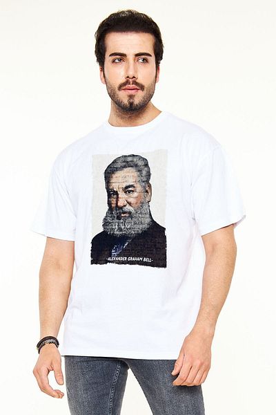 Pisa Art Alexander Graham Bell Γραπτή Πορτραίτο Εκτυπωμένο Λευκό Unisex Oversize T-shirt