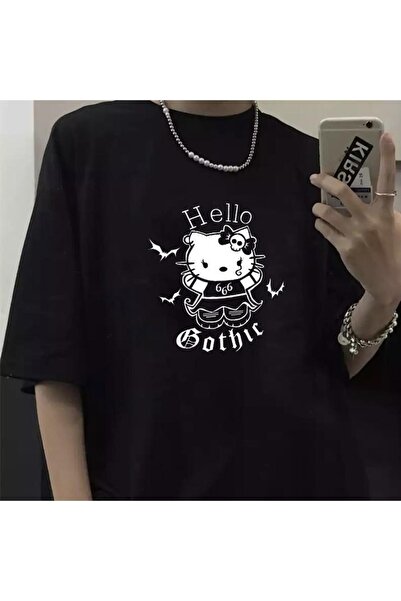 Genel Markalar Hello Kitty Gothic Siyah Unisex Oversize T-shirt