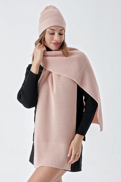 CHUBA Women's Soft Buttoned Knitted Detailed Scarf Beanie Set Powder 24W132