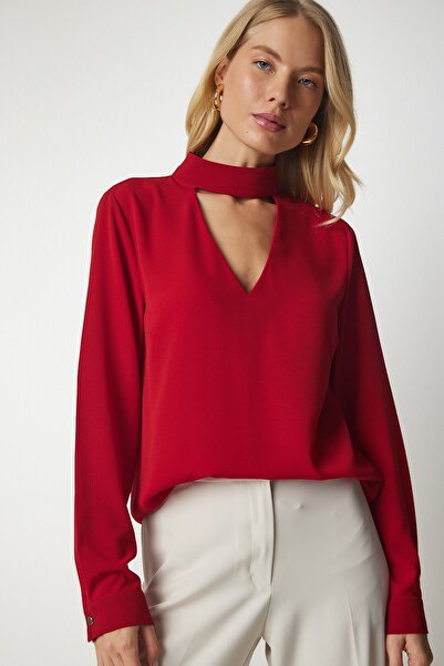 Happiness İstanbul Női piros ablak részletes mélyen dekoltált krepp blúz UB00155