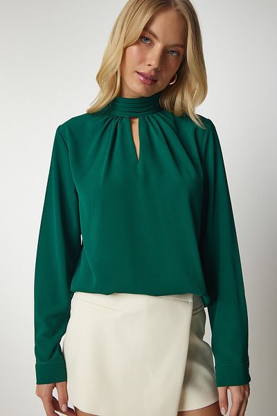 Happiness İstanbul Women's Emerald Green Window Detailed Flowy Crepe Blouse UB00154