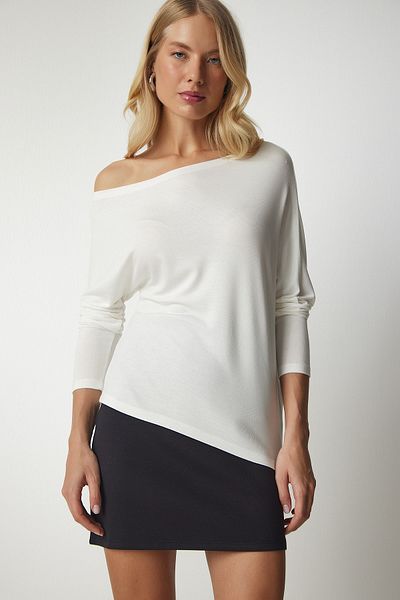 Happiness İstanbul Dámská úpletová halenka Ecru Boat Neck UB00151