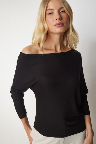 Happiness İstanbul Dámská černá blůza s lodním výstřihem UB00151