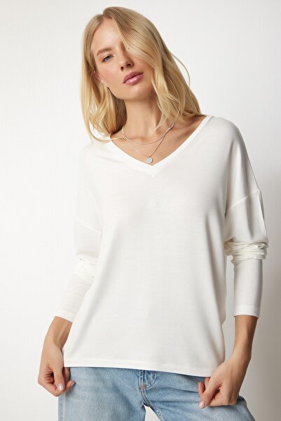 Happiness İstanbul Dámská pletená halenka Ecru s výstřihem do V UB00150
