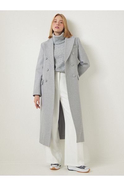 Happiness İstanbul Women's Gray Premium Coated Buttoned Slit Wool Long Stamp Coat FN03091