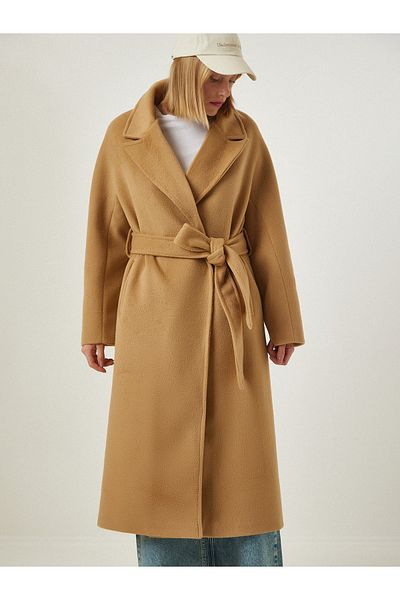 Happiness İstanbul Dámský dlouhý kašmírový kabát Camel Premium Belted Slit Wool fn03094