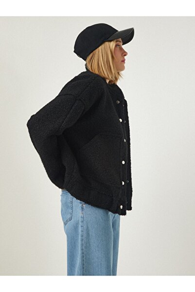 Happiness İstanbul Dámská černá oversize bunda Boucle se zapínáním na patentky FN03087