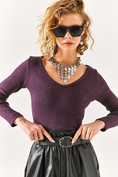 Olalook Damska śliwkowa, szeroka, szalowa bluzka z dekoltem w kształcie litery V BLZ-19002392