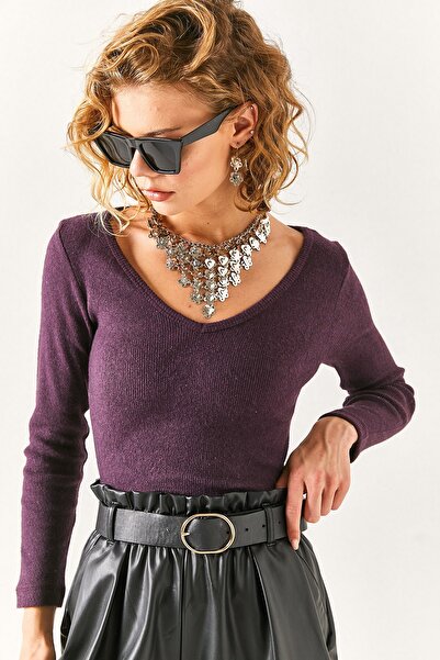 Olalook Damska śliwkowa, szeroka, szalowa bluzka z dekoltem w kształcie litery V BLZ-19002392