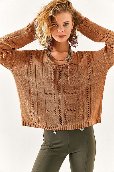 Olalook Women's Brown Lace Detailed Openwork Knitwear Blouse BLZ-19002393