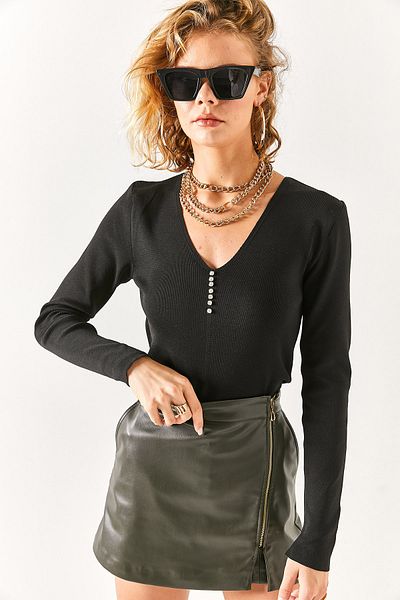Olalook Γυναικεία πλεκτά μπλούζα με μαύρη λαιμόκοψη V με λεπτομέρειες BLZ-19002395