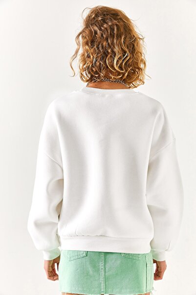 Olalook Women's White Stone Detailed Fleece Inside Sweatshirt SWT-19000621