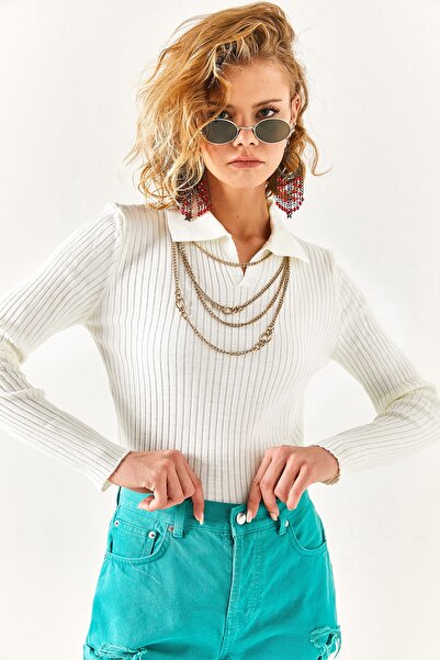 Olalook Women's Ecru Polo Collar Ribbed Knitwear Sweater KZK-19000616