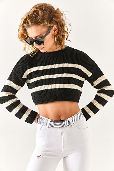 Olalook Pulover de damă, alb-negru, tricot cu dungi Thessaloniki KZK-19000615