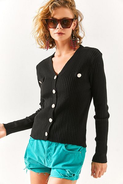 Olalook Women's Black Accessory Pocket Detailed Buttoned Cardigan HRK-19000235