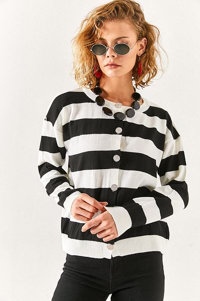 Olalook Cardigan negru cu gât în dungi, cu nasturi, pentru femei HRK-19000236