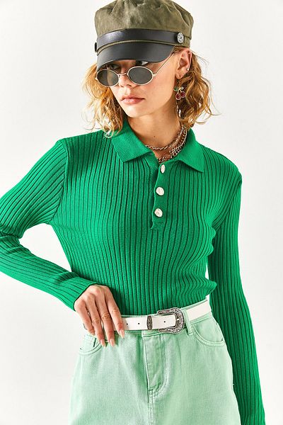 Olalook Women's Emerald Green Gold Buttoned Polo Collar Ribbed Knitwear Sweater KZK-19000617