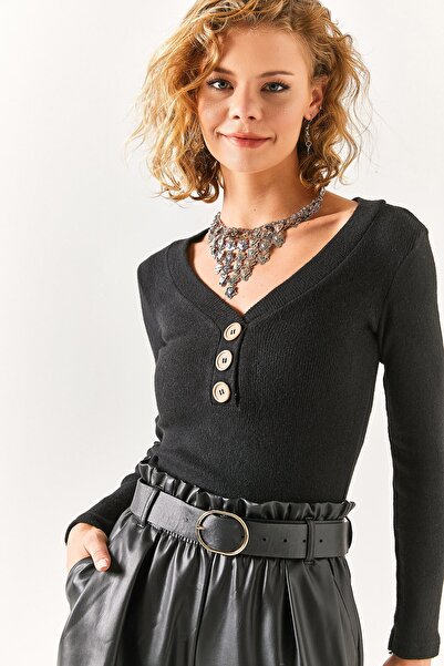 Olalook Γυναικεία μαύρη μπλούζα με λαιμόκοψη V με λεπτομέρεια ροζ χρυσό BLZ-19002386