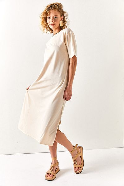 Olalook Women's Stone Side Slit Oversize Cotton Dress ELB-19001880