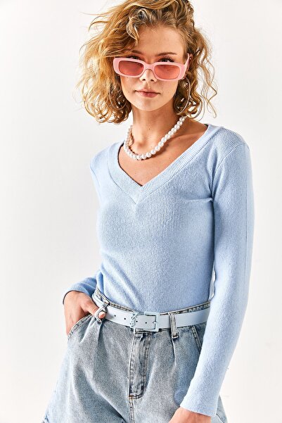 Olalook Kadın Bebe Mavi Kalın Bantlı V Yaka Şardonlu Bluz BLZ-19002387
