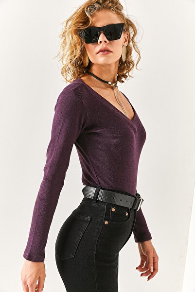 Olalook Γυναικεία δαμάσκηνο μπλούζα σάλι με χοντρή ζώνη με V λαιμόκοψη BLZ-19002387