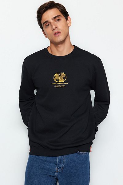 Trendyol Collection Μαύρο φούτερ με λαιμόκοψη κανονική/κανονική εφαρμογή Space Print Fleece εσωτερικά/ Keep Warm φούτερ TMNAW24SW00093