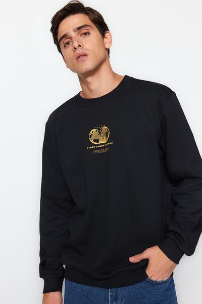 Trendyol Collection Černá Crew Neck Regular/Normal Cut Space Print Fleece/Teplá mikina Tmnaw24Sw00093