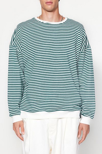 Trendyol Collection Grün gestreiftes Oversize-Fleece-Sweatshirt - TMNAW24sw00065