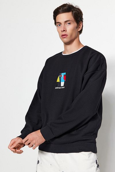 Trendyol Collection Crew Neck Fleece Oversize Sweatshirt - Minimal Art Print, Black TMNAW24SW00020