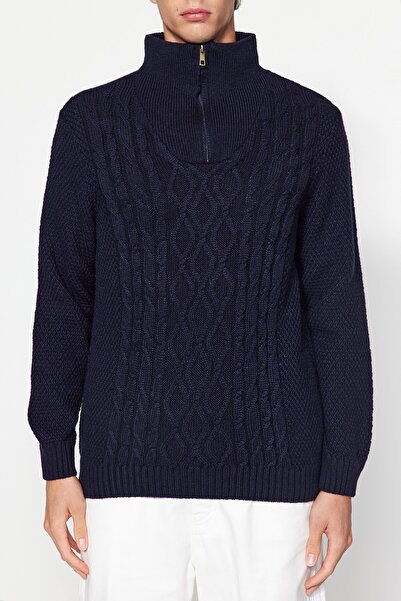 Trendyol Collection Sötétkék normál szabású cipzáras kötött pulóver - fél garbó TMNAW24KZ00047