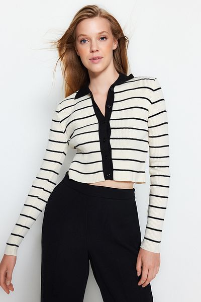 Trendyol Collection Polo Neck Black Crop Knitwear Cardigan - Twoaw24Hi00384