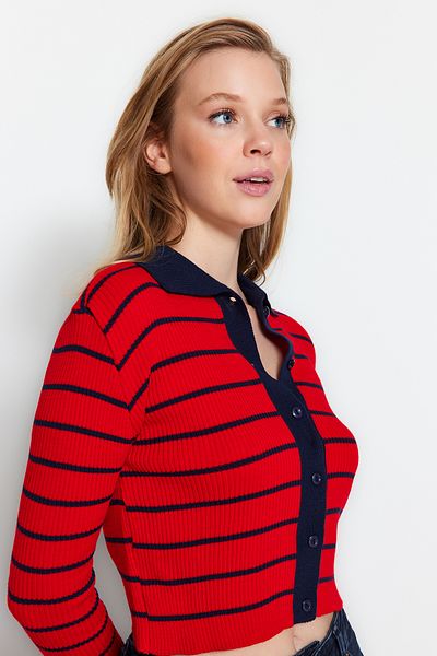 Trendyol Collection Polo nyakú sötétkék csíkos Crop kötöttáru kardigán - TWOAW24HI00384