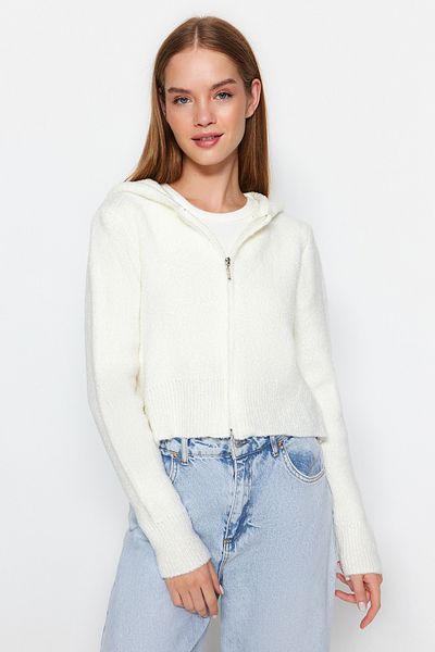 Trendyol Collection Ecru Crop Hooded Textured Zippered Knitwear Cardigan Twoaw24Hi00370