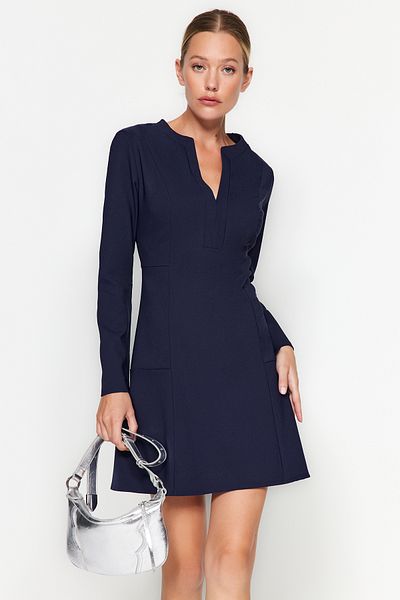 Trendyol Collection Sötétkék galléros részletes mini szőtt ruha TWOAW24EL00464