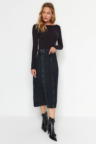 Trendyol Collection Black Button Detailed Slit Midi Denim Skirt TWOAW24ET00323