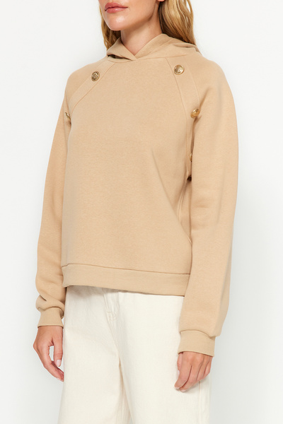 Trendyol Collection Beige Hooded Button Detailed Regular Fit Thick Fleece Inside Knitted Sweatshirt TWOAW24SW00215