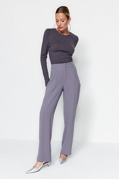 Trendyol Collection Γκρι υφαντό παντελόνι με πλισέ φαρδύ πόδι TWOSS19WX0017