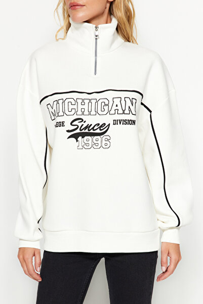 Trendyol Collection Ecru zip potištěný oversize/široký střih tlustý fleece uvnitř pletená mikina TWOAW24SW00184