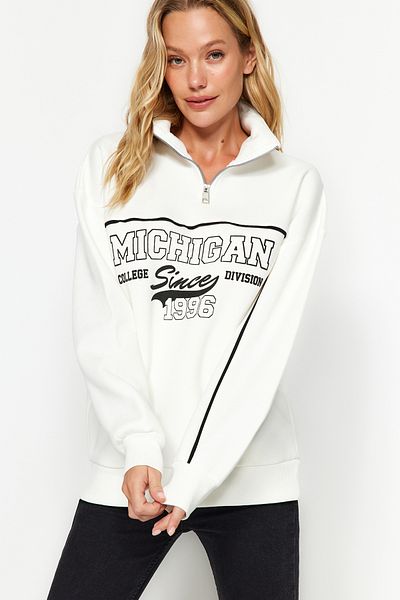 Trendyol Collection Ecru zip potištěný oversize/široký střih tlustý fleece uvnitř pletená mikina TWOAW24SW00184